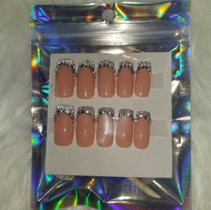 22 piece press on nails square silver reflective glitter French tip